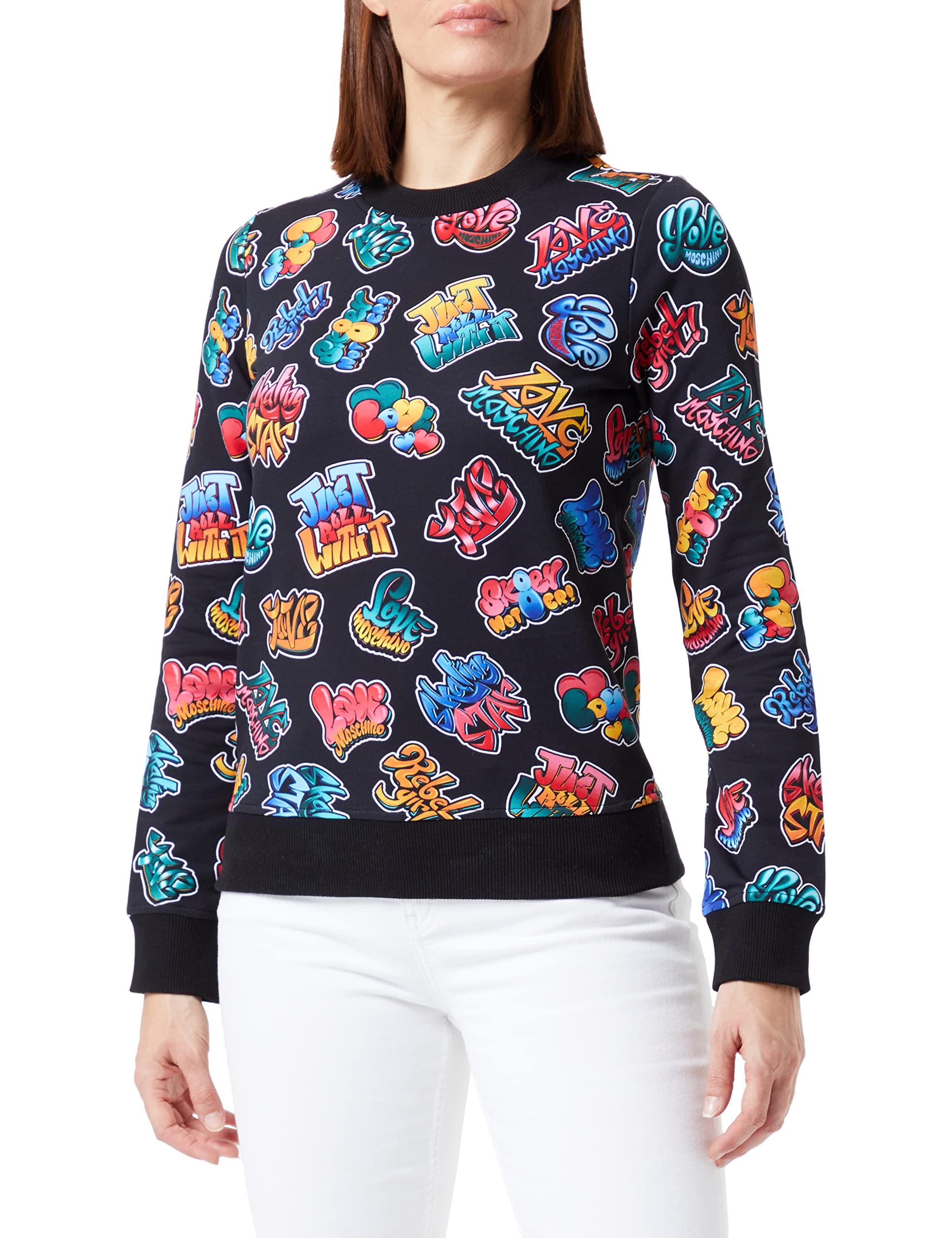 Love Moschino Damen Long Sleeves Crew-neck Brand Graffiti Printed Fleece Sweatshirt, Graffiti Nero, 40 EU