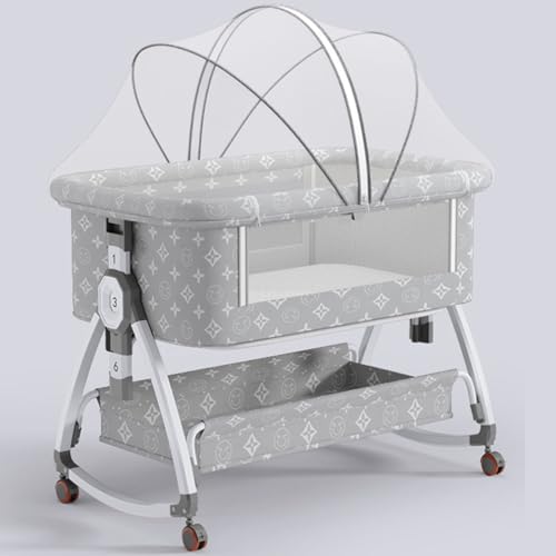 Gvqng 4-In-1-Tragbare Wiege, Babywiege, Beistellwiege FüR Babys, Beistellbett Mit RäDern, Moskitonetz Und Aufbewahrungskorb, 6-Fach HöHenverstellbar Schaukelwiege,A