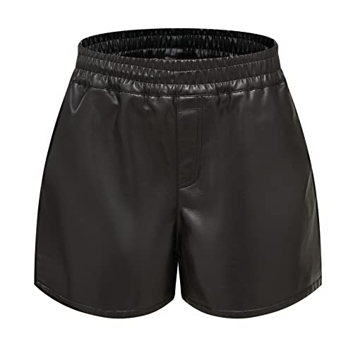 Übergröße 3XL Damen Hohe Taille Sexy Kunstleder-Shorts, Taschen Weite Bein-Shorts, lässige Baggy-PU-Leder-Shorts (schwarz, XXXL)