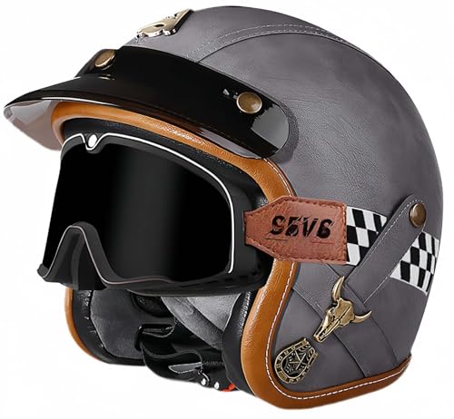 3/4 Vintage Helm Retro Motorradhelm Erwachsene Halbhelm ECE Approved Vintage Für Männer Und Frauen Mit Schutzbrille Offenes Gesicht Mopedhelm F,XL61-62CM