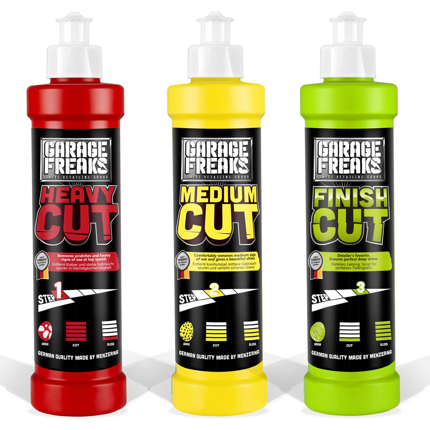 Garage Freaks - Auto Politur Komplett Set: Heavy Cut Schleifpolitur 250ml + Medium Cut Hologrammentferner 250ml + Finish Cut Hochglanzpolitur 250ml