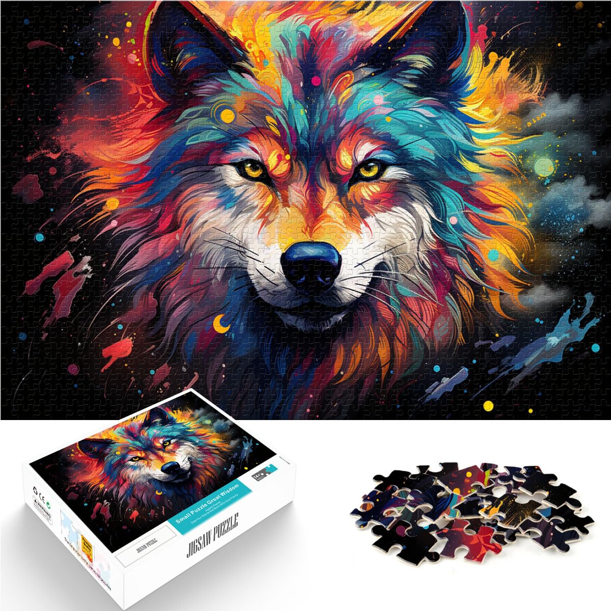 Spiel-Geschenk-Puzzle, farbenfrohes psychedelisches Aquarell-Wolf-Puzzle mit 1000 Teilen für Erwachsene, Holzpuzzle, Spaß-Spiele für 1000 Teile (50 x 75 cm)