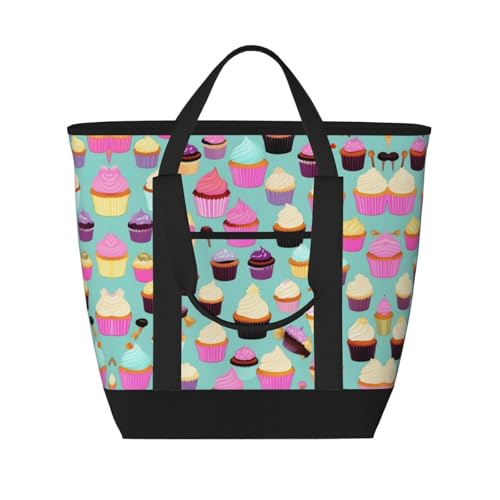 YQxwJL Isolierte Kühltasche mit Cupcake-Motiv, großes Fassungsvermögen, Einkaufstasche, Reisen, Strand, wiederverwendbare Einkaufstasche für Erwachsene, Schwarz, Einheitsgröße