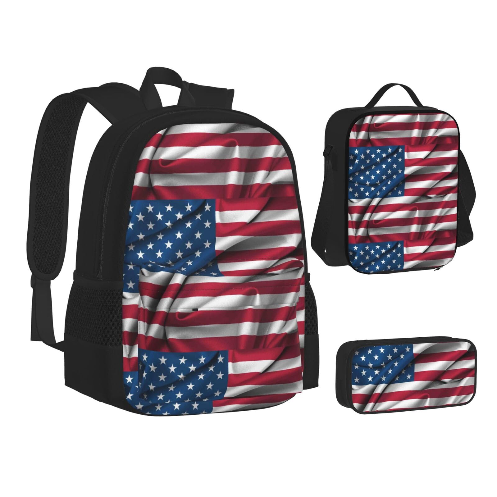 WURTON Lunchbox-Set mit amerikanischer Flagge, 3-in-1-Büchertasche und Federmäppchen, passende Kombination, Schwarz, Einheitsgröße