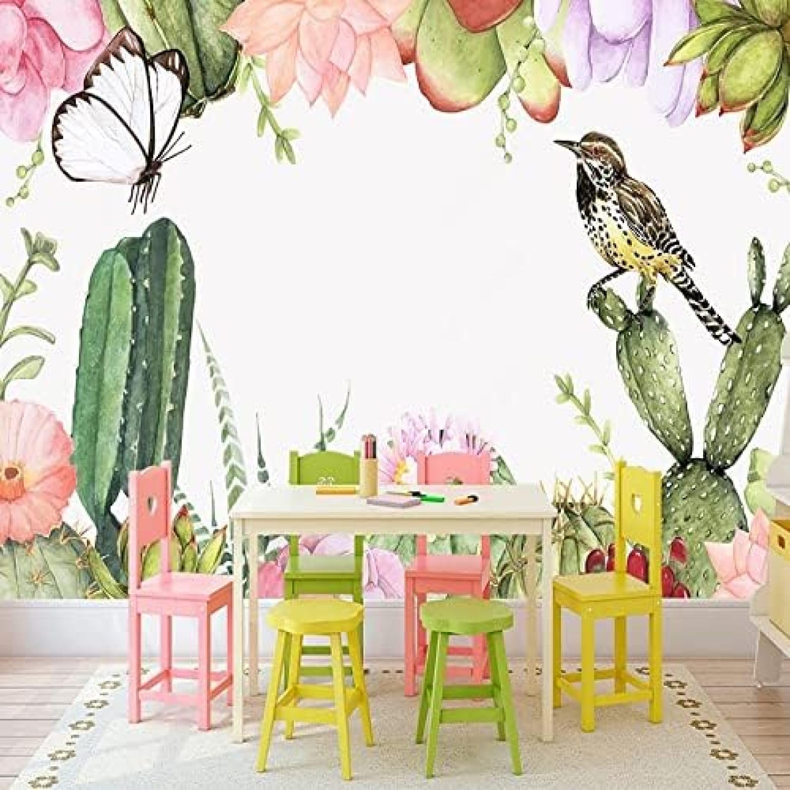 XLMING Einfache Aquarell Hand Gemalt Kaktus Blume Schmetterling Vogel Natur Landschaft 3D Tapete Wohnzimmer Sofa Schlafzimmer Esszimmer Home Dekoration Wand-250cm×170cm