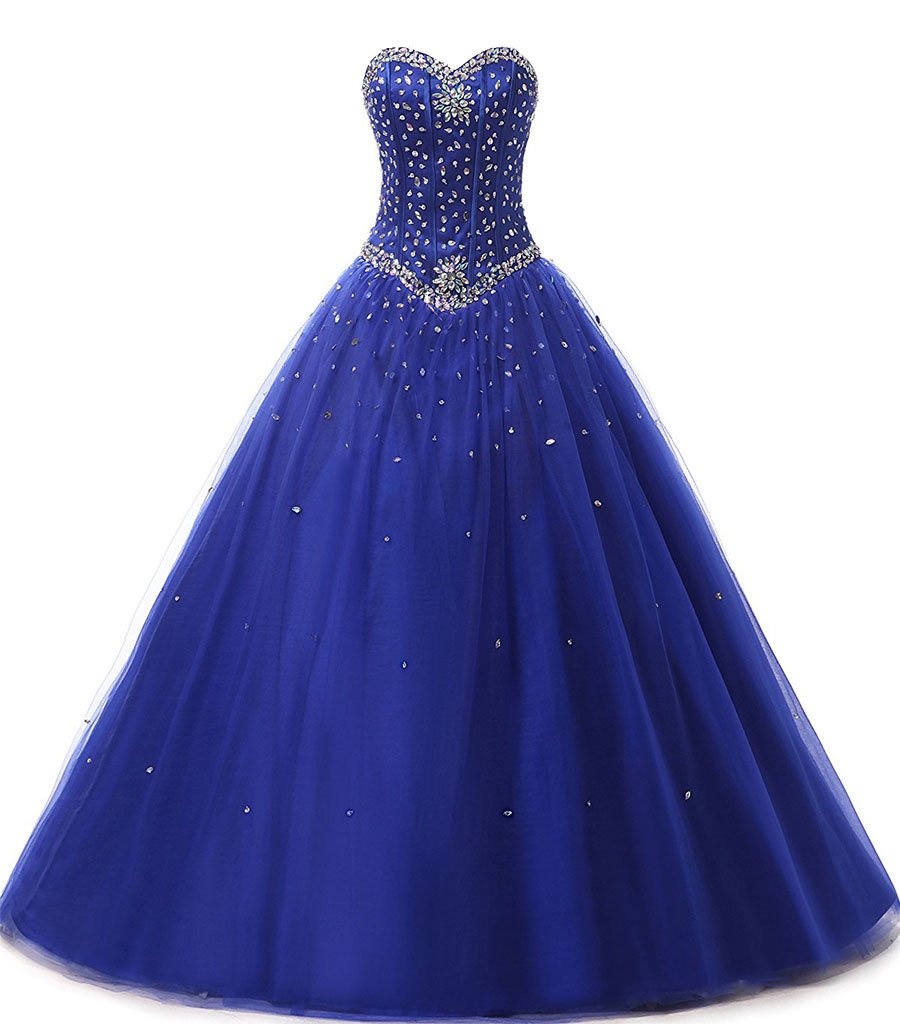 Zorayi Damen Elegante Tüll Lange Kristall Perlen Ballkleid Abschlussballkleid Festkleider Blau Größe 42