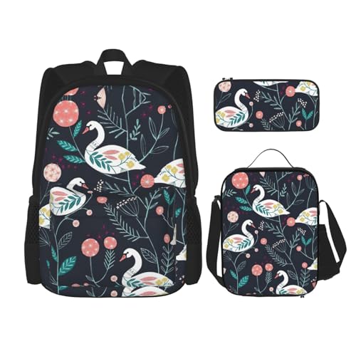 WURTON Schulrucksack-Set mit floralem Schwanen-Druck, 3-in-1-Büchertaschen-Set mit Lunchbox, Federmäppchen, Reise-Laptop-Tagesrucksäcke