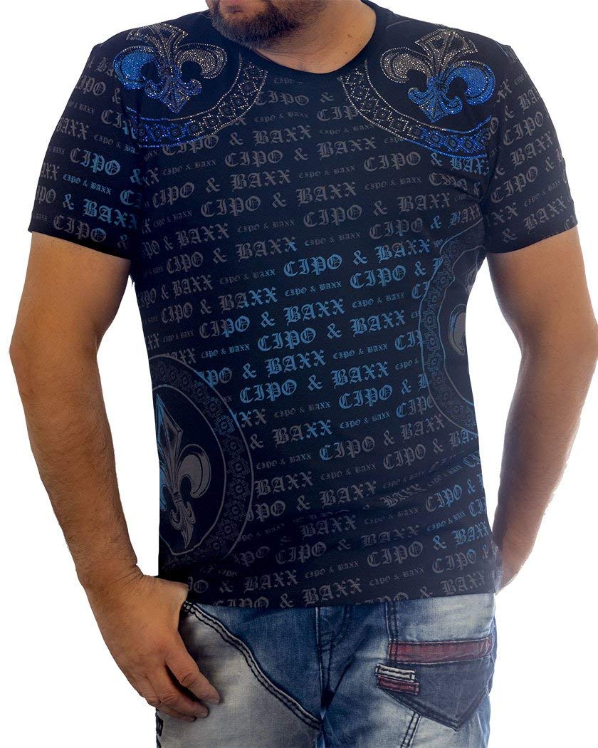 Cipo & Baxx Herren T-Shirt Allover Print Rundhals Casual Freizeitshirt Markenschriftzug CT554 Schwarz L