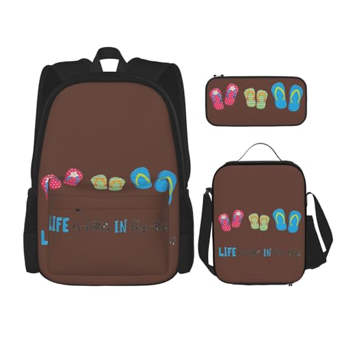 WURTON Flip Flops Kalligraphie Strandschuhe Druck Rucksack Set Schule Büchertasche mit Lunchtasche Federmäppchen Kombination Schulranzen Set