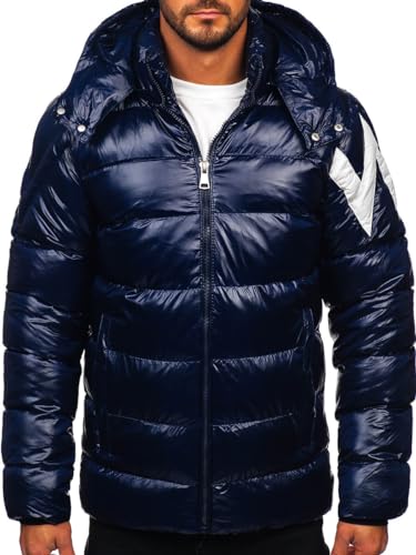 BOLF Herren Winterjacke Steppjacke Gefüttert Übergangsjacke mit Kapuze Daunenjacken-Optik Puffer Wärm Winter Freizeit Outdoor Casual Style 9981 Dunkelblau L [4D4]