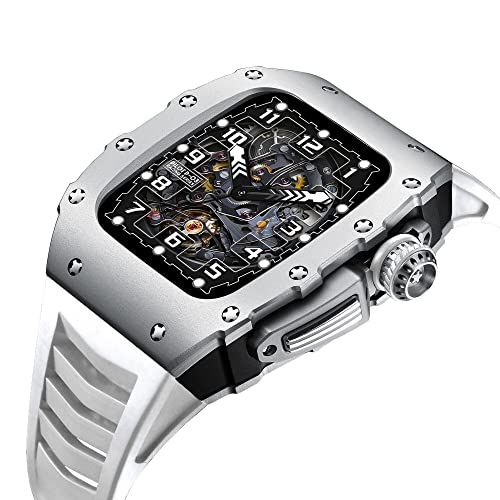 KANUZ Luxuriöses Metallgehäuse für Apple Watch 8, 7, 45 mm, Mod Kit, Aluminiumlegierung, Gummi, Sportband, iWatch 6, 5, 4, SE, 44 mm, DIY-Modifikationsset (Farbe: Schwarz / Gelb, Größe: 45 mm für 8/7)