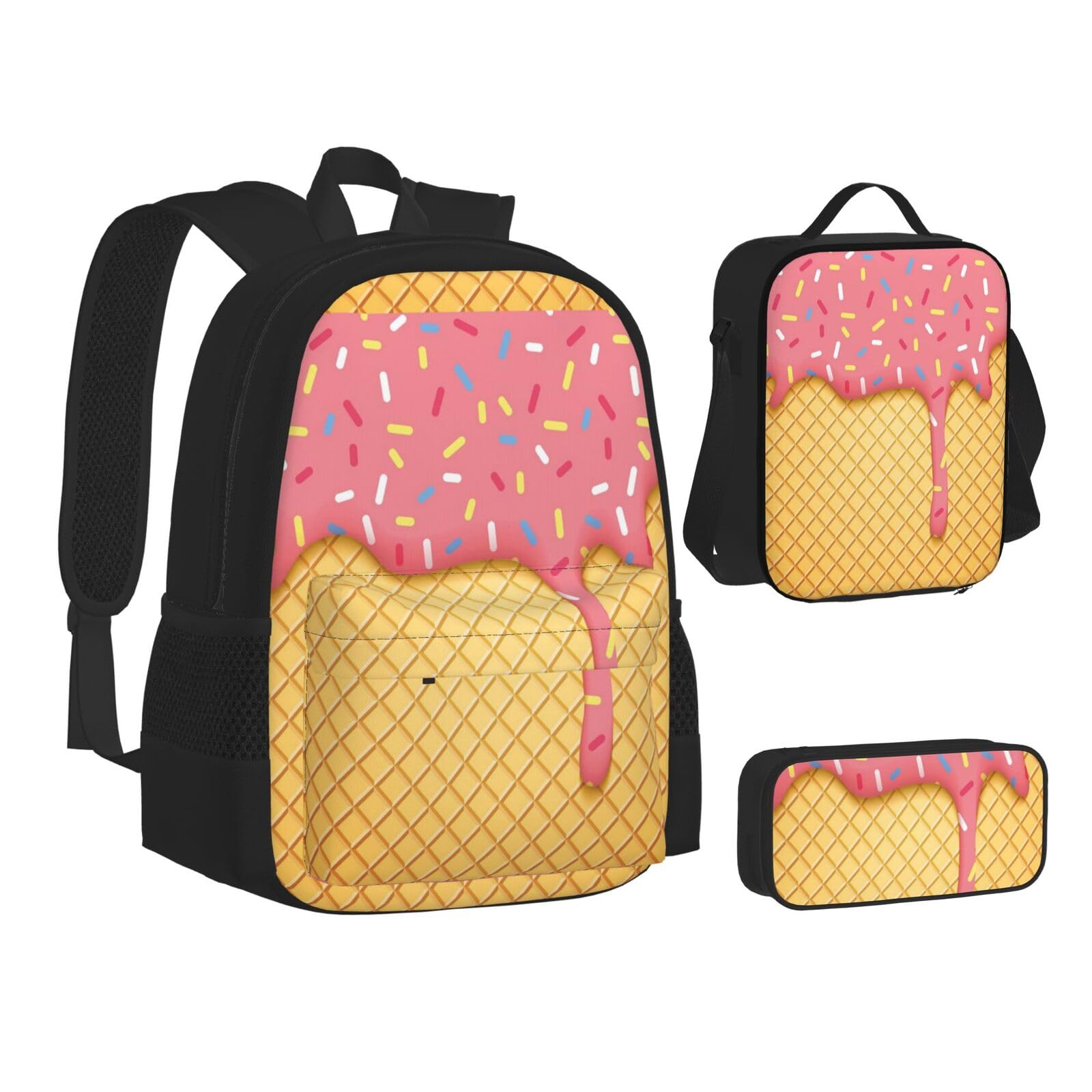 Teen-Rucksack mit Eiscreme- und Waffelmuster, 3-in-1 (Federmäppchen + Schultasche + Lunchtasche)