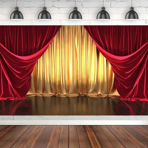 Fotografie Hintergrund Rendering Theater Bühne Thema Goldene und rote Vorhänge Hintergrund für Hochzeit Geburtstag Party Dekor Banner 300cmx200cm