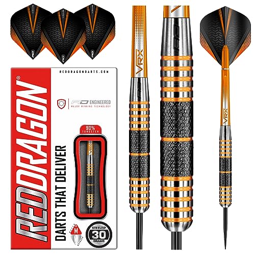 RED DRAGON Amberjack 11:Steel Dartpfeile 30 Gramm Profi Steeldarts Set, 3 x Steel Darts mit Flights und Schäfte