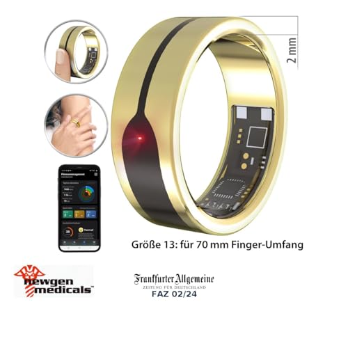 Newgen Medicals Schlaftracker-Ringe: Fitnesstracker-Ring, Herzfrequenz- & SpO2-Anzeige, 2 mm, Gold, Gr. 70 (Fingerring Herren, Smart Ring)