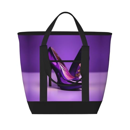 YQxwJL Elegante lila High Heels mit Lippenstift-Druck, großes Fassungsvermögen, isolierte Kühltasche, Einkaufstasche, Reisetasche, Strand, wiederverwendbare Einkaufstasche für Erwachsene, Schwarz,