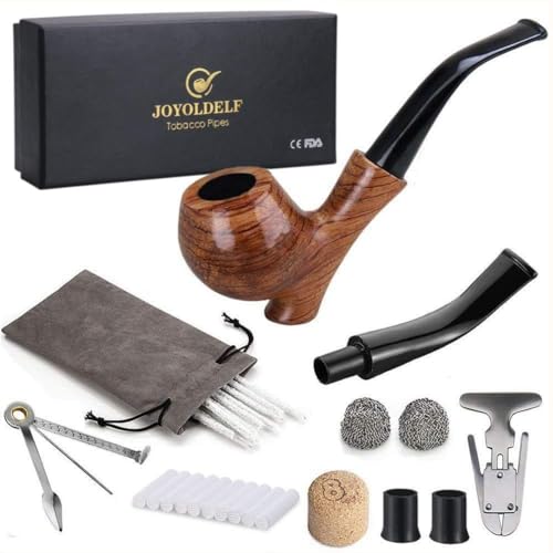 Joyoldelf Roseholz Tabak Pfeifen Set,Tabak Pfeifen mit stehendem Holz halter,Pfeifenreiniger,Reibahle, 9 mm Pfeifenfilter, 3-in-1 Pfeifenstopfer,Metallkugeln,Pfeifenbits,Kork Klopfer,Pfeifentaschen