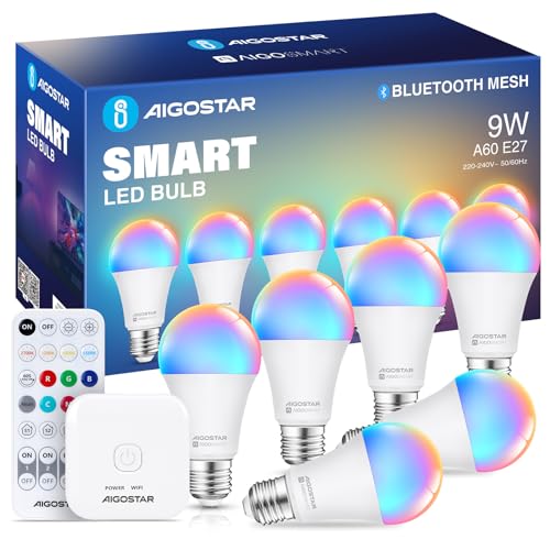 Aigostar 12W Alexa Glühbirne Bluetooth Mesh A60， Smarte Glühbirne Funktioniert mit Alexa， Smart Bulb E27 LED 806LM RGB & 2700K-6500K， 6 Stücke (mit Bluetooth-Fernbedienung und Gateway).