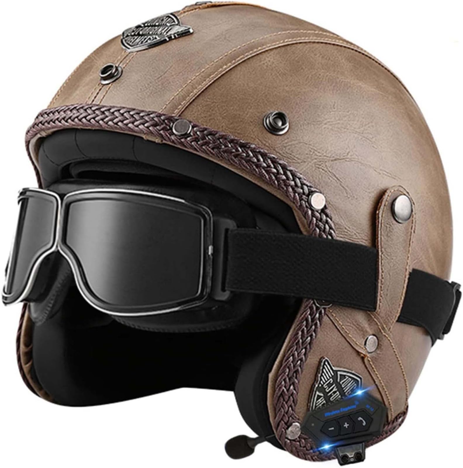 Offener Helm, Motorradhelm, Integrierter Bluetooth-Motorrad-Halbhelm, Retro-Vintage-Motor-Jet-Helm Mit Sonnenblende, Für Männer, Frauen, Erwachsene, DOT/ECE-Geprüft I,M57-58cm