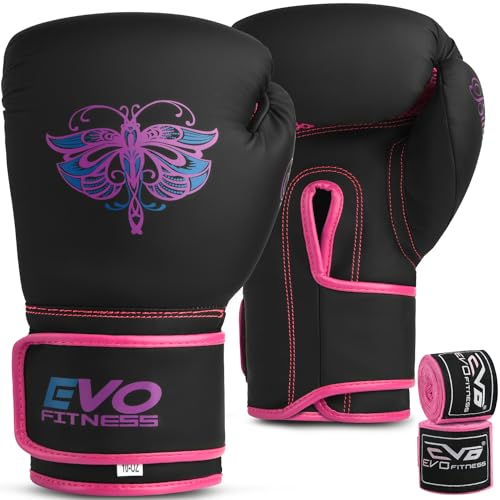 EVO Fitness Boxhandschuhe für Damen, matt, Pink, für MMA, Muay Thai, Kampfsport, Kickboxen, Mädchen, Sparring, Training, Kampf-Handschuhe mit Handbandagen (Rosa, 14 OZ)