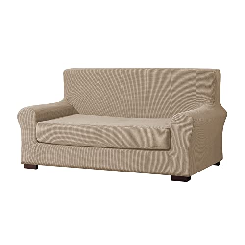 E EBETA 2-Stück Sofahusse Jacquard Sofaüberwurf Sofaüberzug, Sofahusse Couchbezug Möbelschutz rutschfest, Sofa Abdeckung Hussen + Polsterbezug 2 Sitzer (Sand, 145-185 cm)