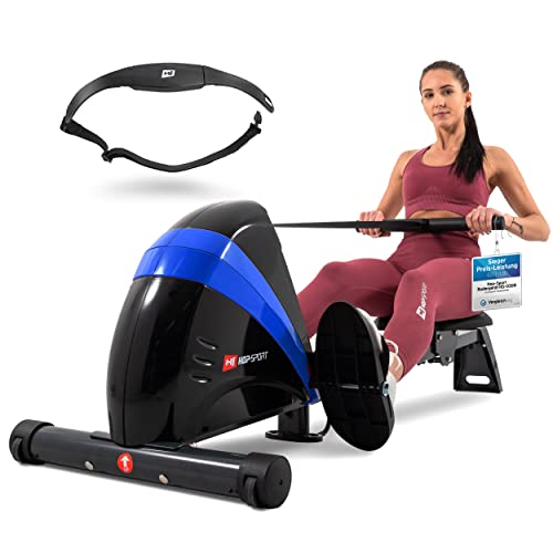 Hop-Sport Rudergerät für Zuhause Boost – Rudergerät klappbar mit kugelgelagertem Sitz, Computer & Magnetbremssystem, 10 Stufen - Rudermaschine max. Nutzergewicht 120kg (Blau + Pulsgurt)