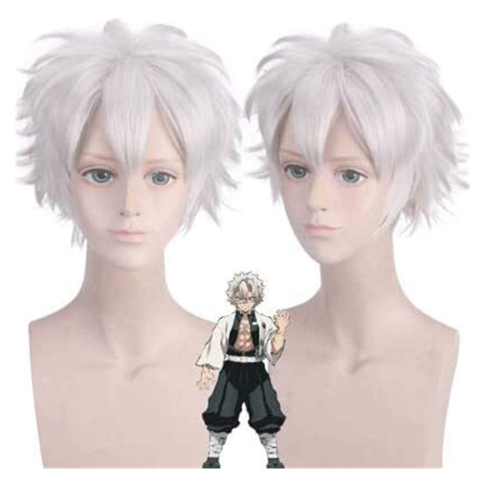 LINLINCD-Anime Coser Wig Demon Slayer Shinazugawa Sanemi Perücke Anime Perücke Cosplay Comic - Halloween Party Karneval Erwachsene Männer und Frauen Anime Fans Geschenk (Grau Silber Grau Afro Wig)