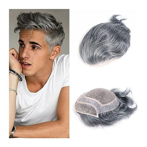 Männer Toupet Echthaar-Toupet for Männer, 20,3 x 25,4 cm, langlebig, Mono mit PU-Basis, Herren-Toupet Nr. 1B, Schwarz mit grauer Farbe, Spitzenfront, Herren-Haarersatzsystem Haarteil für Männer(1B40 8