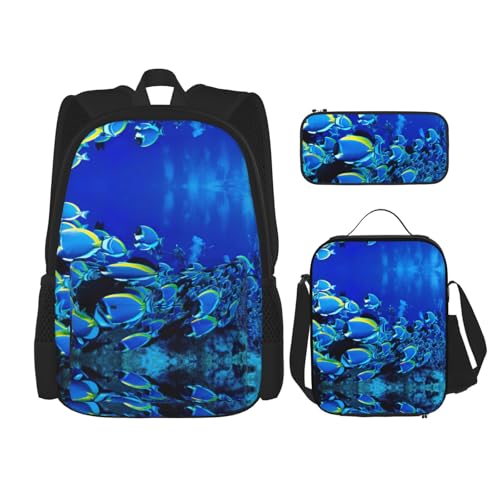 WURTON Schulrucksack-Set mit blauen Fischen, Ozean-Druck, 3-in-1-Büchertaschen-Set mit Lunchbox, Federmäppchen, Reise-Laptop-Tagesrucksäcke