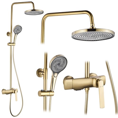 Rea Duschsystem REBEL GOLD BRUSH Duschset Duscharmatur mit Duschkopf und Kopfbrause aus Messing Duschgarnitur für Badezimmer (Gebürstetes Gold)