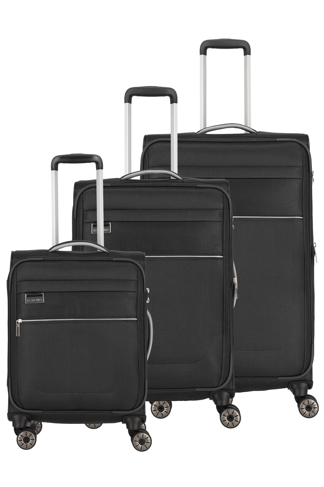 Travelite Kofferset 4 teilig Weichschale 4 Rollen, Größen S-M-L, nachhaltig, MIIGO, Reisegepäck Set aus recyceltem Material, TSA Schloss, Koffer Größen L + M erweiterbar