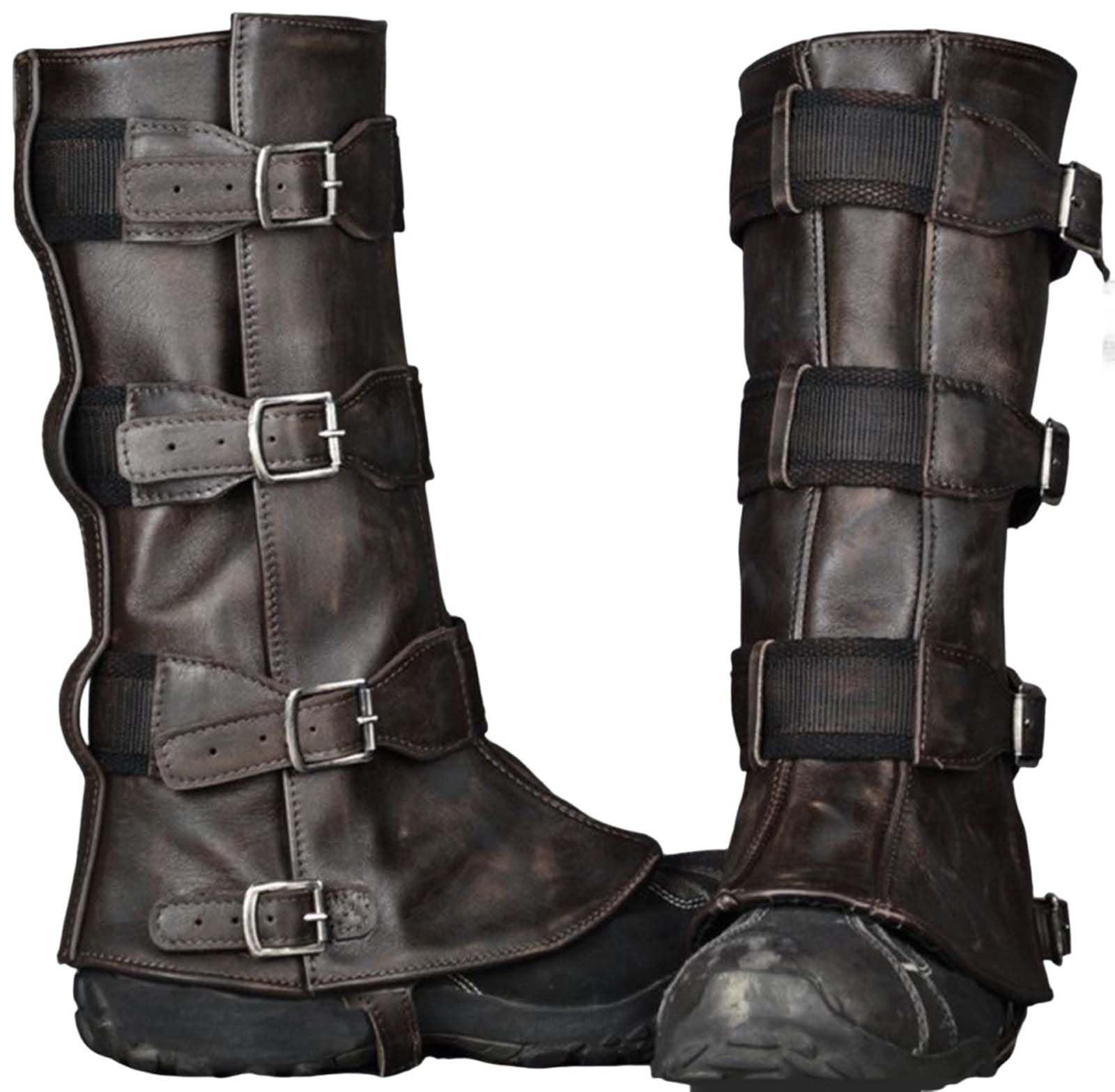 MDFCZXP Mittelalter Beinschienen Stiefel Schuhe Abdeckung Leder Beinrüstung Wikinger Krieger Ritter Kostüm,Braun,30cm