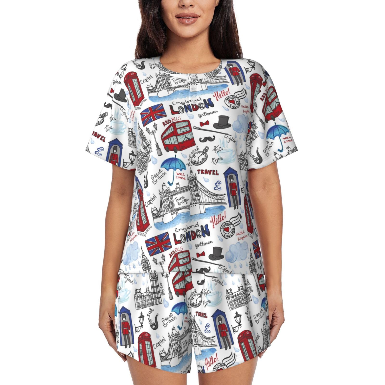 London Print Damen-Shorts, Pyjama-Set, kurzärmelig, Nachtwäsche, Pjs S-4XL, Schwarz, 3XL