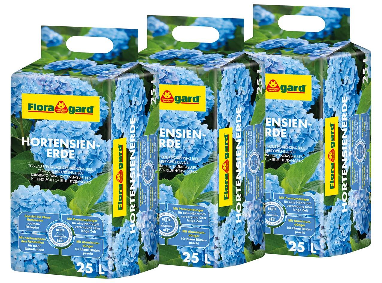 Floragard Hortensienerde blau 3x25 L - zum Pflanzen und Umtopfen - für Beet- und Kübelbepflanzung - für Blaue Hortensien - mit Tongranulat