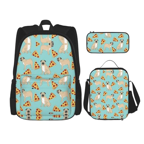 WURTON Rucksack mit Mops-Pizza-Druck, 3-in-1, Büchertaschen-Set, Lunchbox, Federmäppchen, Reise-Laptop, Tagesrucksäcke, Schwarz, Einheitsgröße