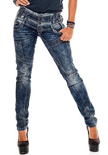 Cipo & Baxx Damen Jeans Hose Skinny Fit Jeanshose Slim Fit Dreifachbund Pants WD245 Dunkelblau W29 L32