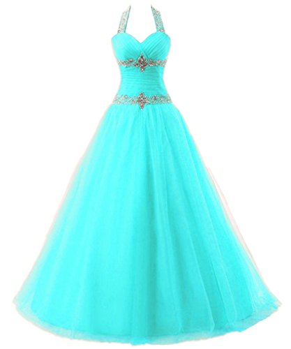 Zorayi Damen Lange Halfter Kristall Tüll A-Linie Abendkleid Prom Ballkleid Partykleider Türkis Größe 42