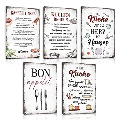 5er Set Retro Blechschild Küche mit Spruch - KAFFEE UNSER - KÜCHEN REGELN - BON APPETIT - Vintage Metallschild Wand-schild Küchen-deko als Geschenk und Dekoration 20x30cm