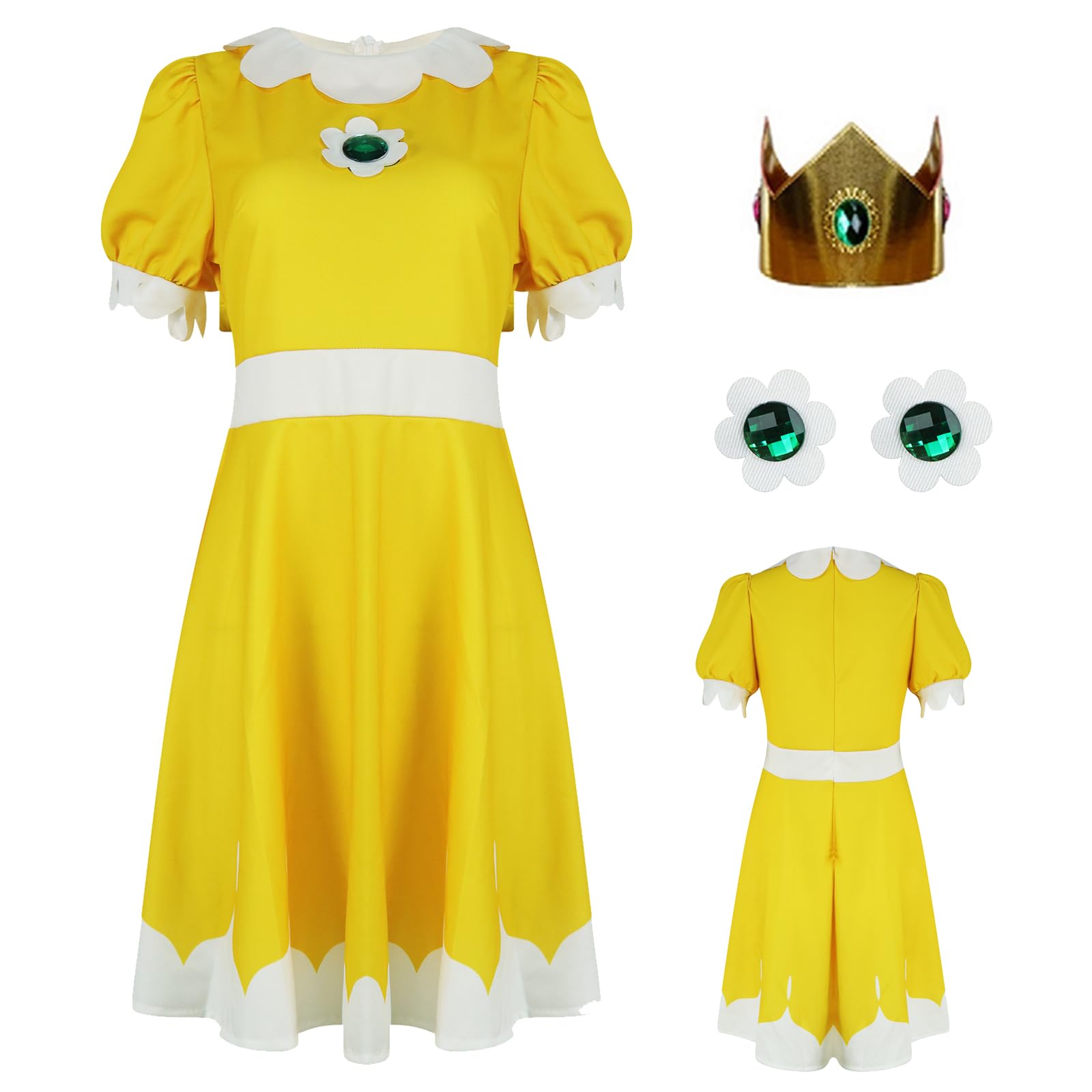 AYYOHON Prinzessin Pfirsich Cosplay Kostüm Damen Prinzessin Gänseblümchen Rosalina Tenniskleid mit Krone Ohrringe Erwachsene Halloween Anzug M