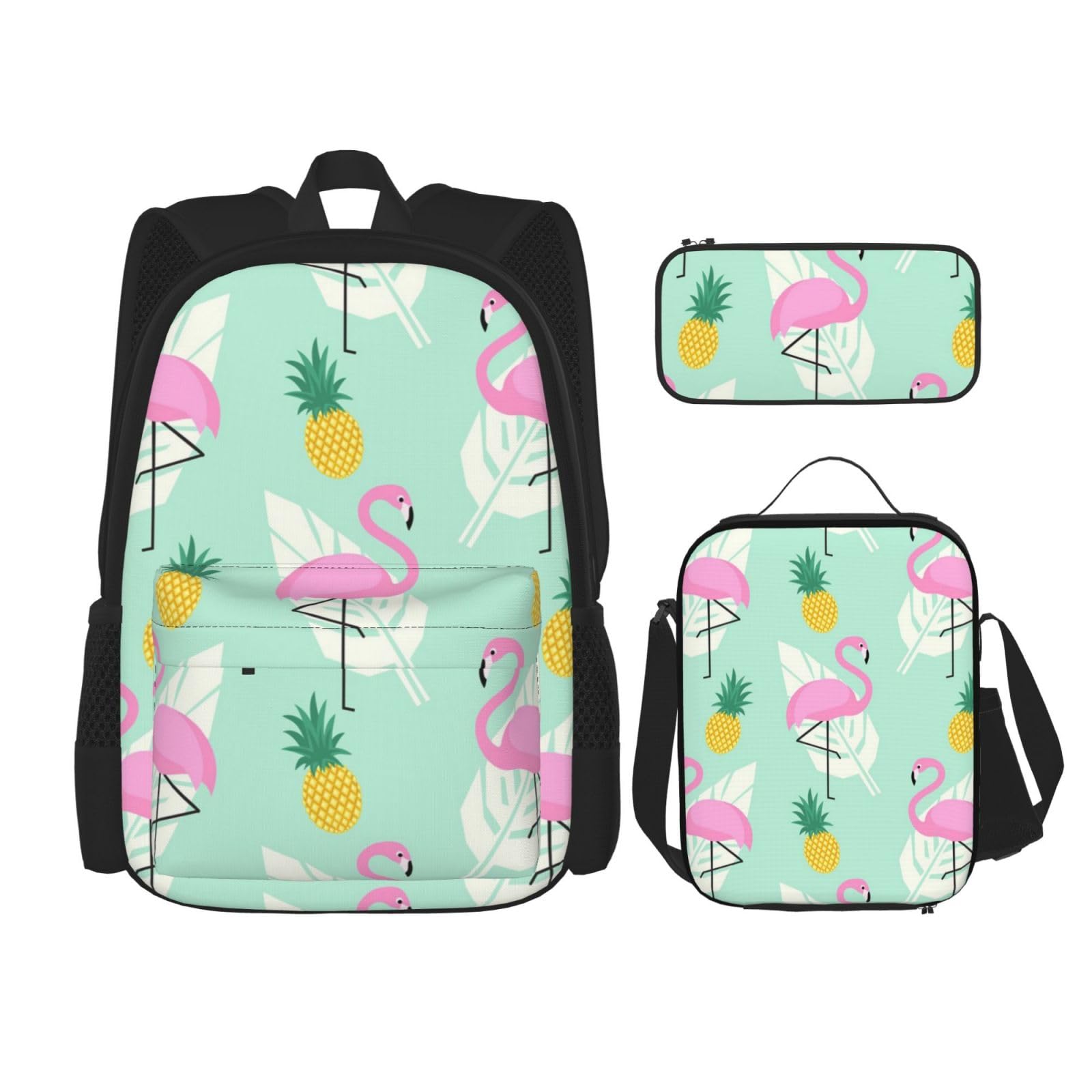 DENMER Mehrzweck-Schulranzen mit passendem Federmäppchen und Lunch-Tasche, gepunktet, stilvolle All-in-One-Lösung, Pinke Flamingo Ananas, Einheitsgröße