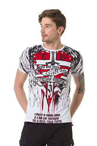 Cipo & Baxx Herren T-Shirt Kurzarm Strasssteine Rundhals Print Baumwolle Freizeit Shirt CT673 Weiß S