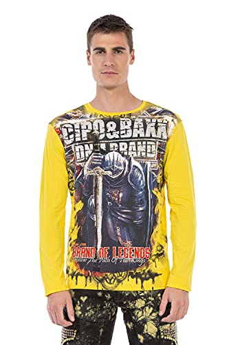 Cipo & Baxx Herren Langarmshirt Rundhals Print Longsleeve Longshirt Sweatshirt CL452 Gelb XL