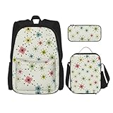 WURTON Atomic Stars Retro Muster Print Trendy Rucksack Taschen Lunchbox und Federmäppchen 3 in 1 Verstellbarer Rucksack Set, Schwarz , Einheitsgröße