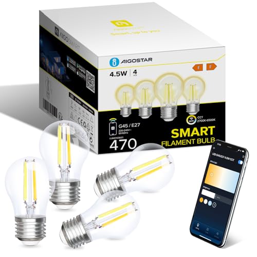 Aigostar Alexa Glühbirne E27, Smart LED Vintage Lampe, Smarte Glühbirne G45 Transparent Globe, 4.5W 470LM, Warmweiß Dimmbar 2700K -6500K, Kompatibel mit Alexa und Google Home, 4 Stück.