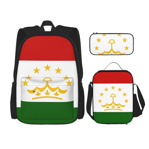 WURTON Schulterrucksack, Motiv: Flagge von Tadschikistan, 3-in-1, Büchertaschen-Set, Lunchbox, Federmäppchen, Reisen, Laptop, Tagesrucksack, Schwarz, Einheitsgröße, Schwarz , Einheitsgröße