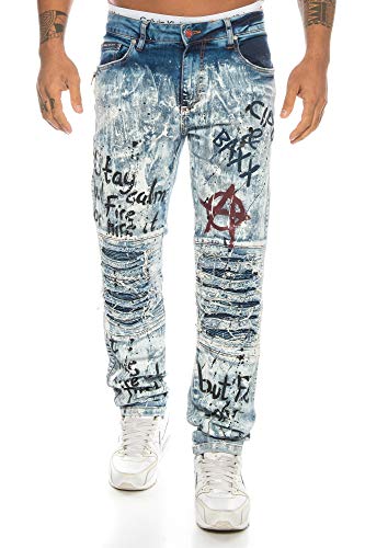 Cipo & Baxx Herren Jeans mit aufwendigen Destroyed Stellen und Punk Graffiti Prints (W33/L34)