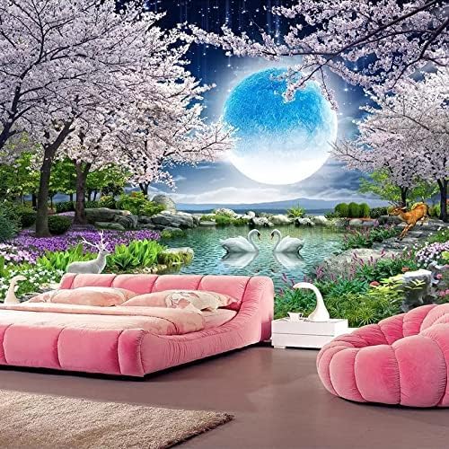 XLMING Mond-Kirschbaum-Landschaft Küche Esszimmer Arbeitszimmer Wohnzimmer TV Hintergrund Wand 3D Tapete-200cm×140cm