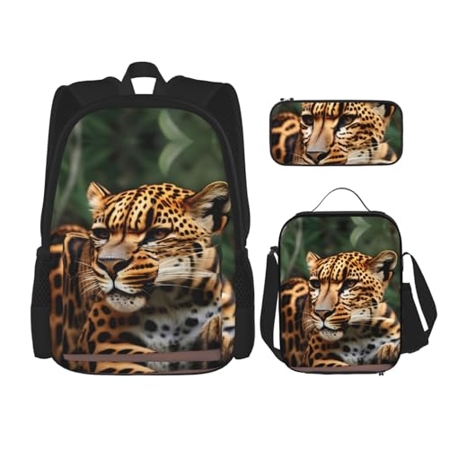 WURTON Reise-Lunchbox, Federmäppchen, Rucksack-Set, 3-teilig, verstellbare Riemen, leicht, Leopardenmuster, Schwarz, Einheitsgröße