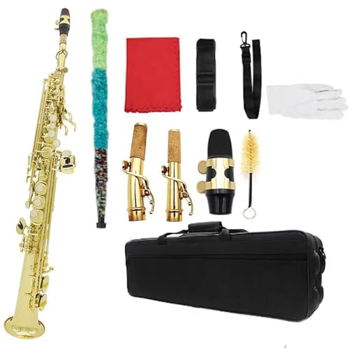 Gerade Bb Sopran Saxophon Messing Versilbert B Flache Sax Holzblasinstrument Mit Fall Schilf Handschuhe Zubehör Anfänger saxophon (Color : Golden)