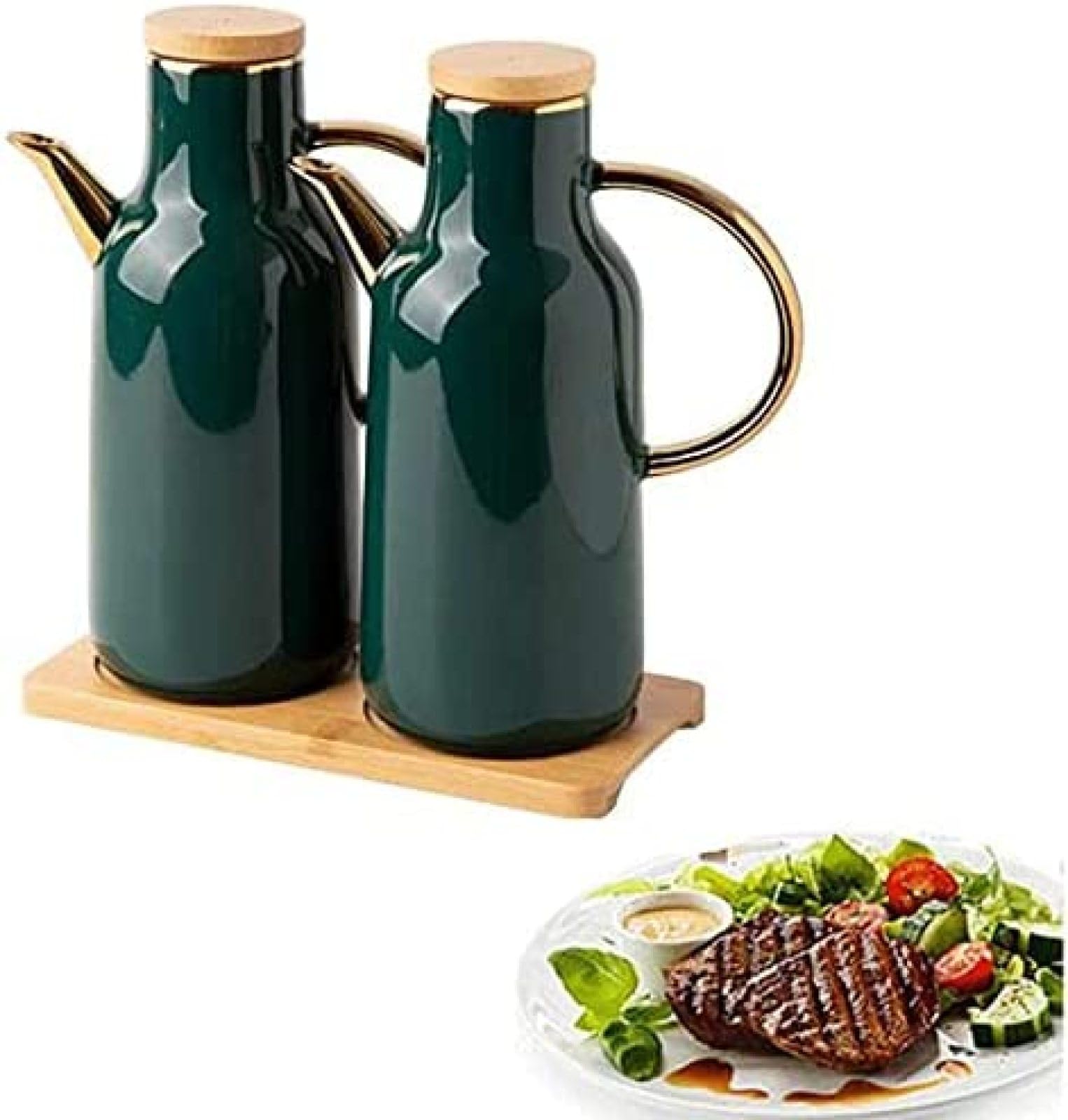 Ölkanne, Oliven- oder Essigflasche, auslaufsicher, 800 ml Öl- oder Essigflaschenspender-Set, Keramik-Öl-Essigflaschen-Topfspender, Flaschen mit Holzdeckel, 2 Stück staubdicht, Aufbewahrungsd